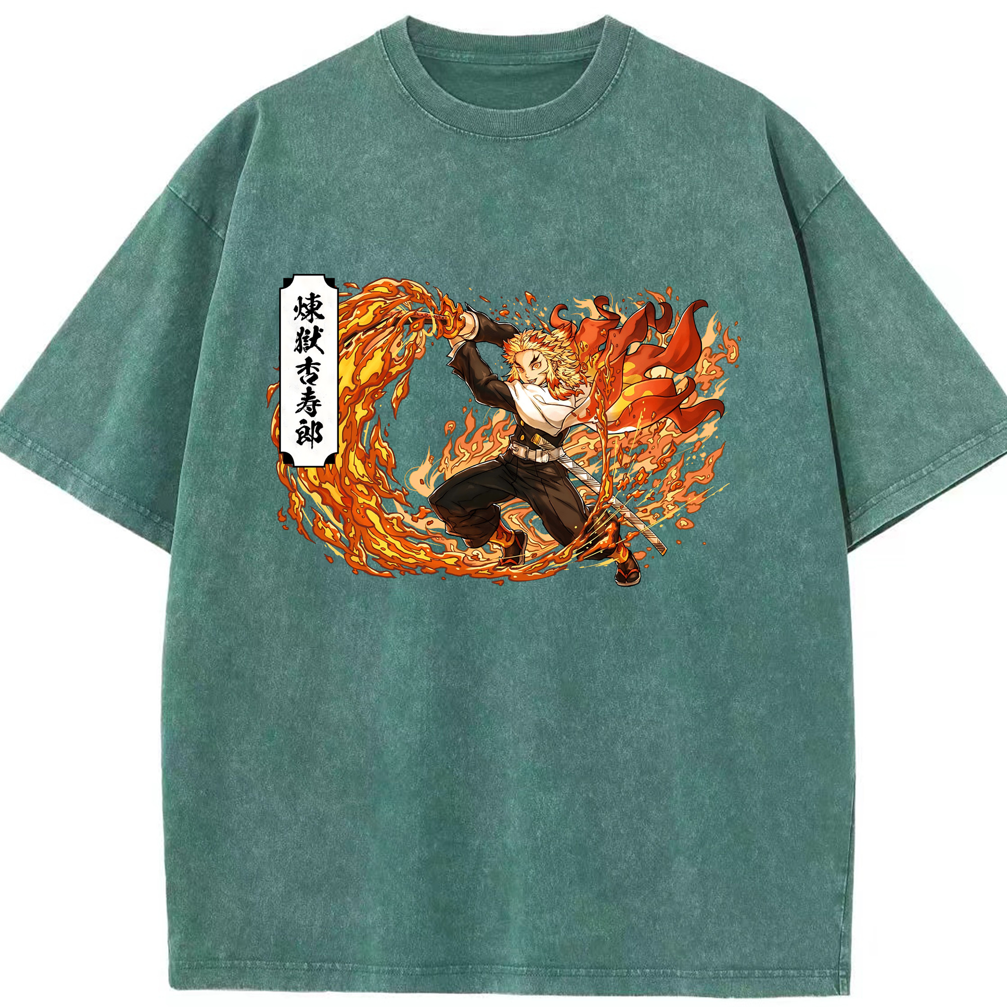 （画像用） 鬼滅の刃（きめつのやいば）炎柱-煉󠄁獄 杏寿郎／れんごく きょうじゅろう Rengoku Kyoujurou 綿100% ヴィンテージ風 半袖Tシャツ（フロントプリント）